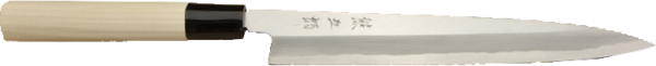 KUMAGORO- Fisch- und Fleischmesser 210 mm – rechtshändig, japanisches traditionelles Küchenmesser Traditionelles Fisch- und Fleischmesser, handgeschmiedet von einem Meister-Messerschmied Schmiedetechnik: 2 Lagen  Schneide: High-Carbon-White-Stahl Griff: Holz mit Kunstoffzwinge Klinge: 210 mm
