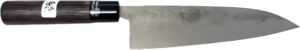 Kumagoro - 165 mm Santoku, japanische traditionelles Küchenmesser Kumagoro - Santoku 165 mm Schmiedetechnik: 3 Lagen, gehämmert roh Griff: Kastanienholz Zwinge: Metall Klinge: High carbon stell (white paper #1), beidhändig
