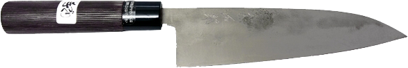 Kumagoro - 165 mm Santoku, japanische traditionelles Küchenmesser Kumagoro - Santoku 165 mm Schmiedetechnik: 3 Lagen, gehämmert roh Griff: Kastanienholz Zwinge: Metall Klinge: High carbon stell (white paper #1), beidhändig