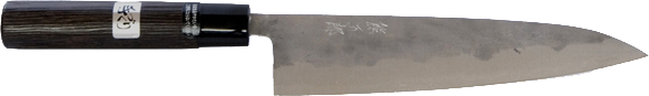 Kumagoro - 210 mm Gyuot, japanisches traditionelles Küchenmesser Kumagoro - Gyuot 210 mm Schmiedetechnik: 3 Lagen, gehämmert roh Griff: Kastanienholz Zwinge: Metall Klinge: High carbon stell (white paper #1), beidhändig