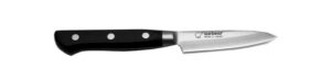 Kumagoro - 83 mm Rüstmesser, japanisches traditionelles Küchenmesser Gyuto Hocho Schmiedetechnik: 3-lagig  Schneide: VG10 Stahl (Rostfreier Klingenstahl der höchsten Güteklasse ) Klinge: 83 mm, beidhändig Der VG10 Stahl beschert der Schneide eine besonders lange Schnitthaltigkeit. Sehr robustes Messer. Geeignet für die ganze Familie!
